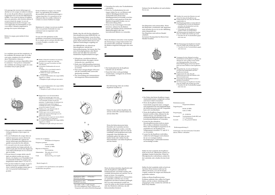 Dépannage, Spécifications, Willkommen | Einsetzen der batterie, Wiedergeben einer tonquelle, Austauschen der ohrpolster, Sicherheitsmaßnahmen, Störungsbehebung, Technische daten, Remplacement des oreillettes | Sony MDR-IF0140 User Manual | Page 2 / 2