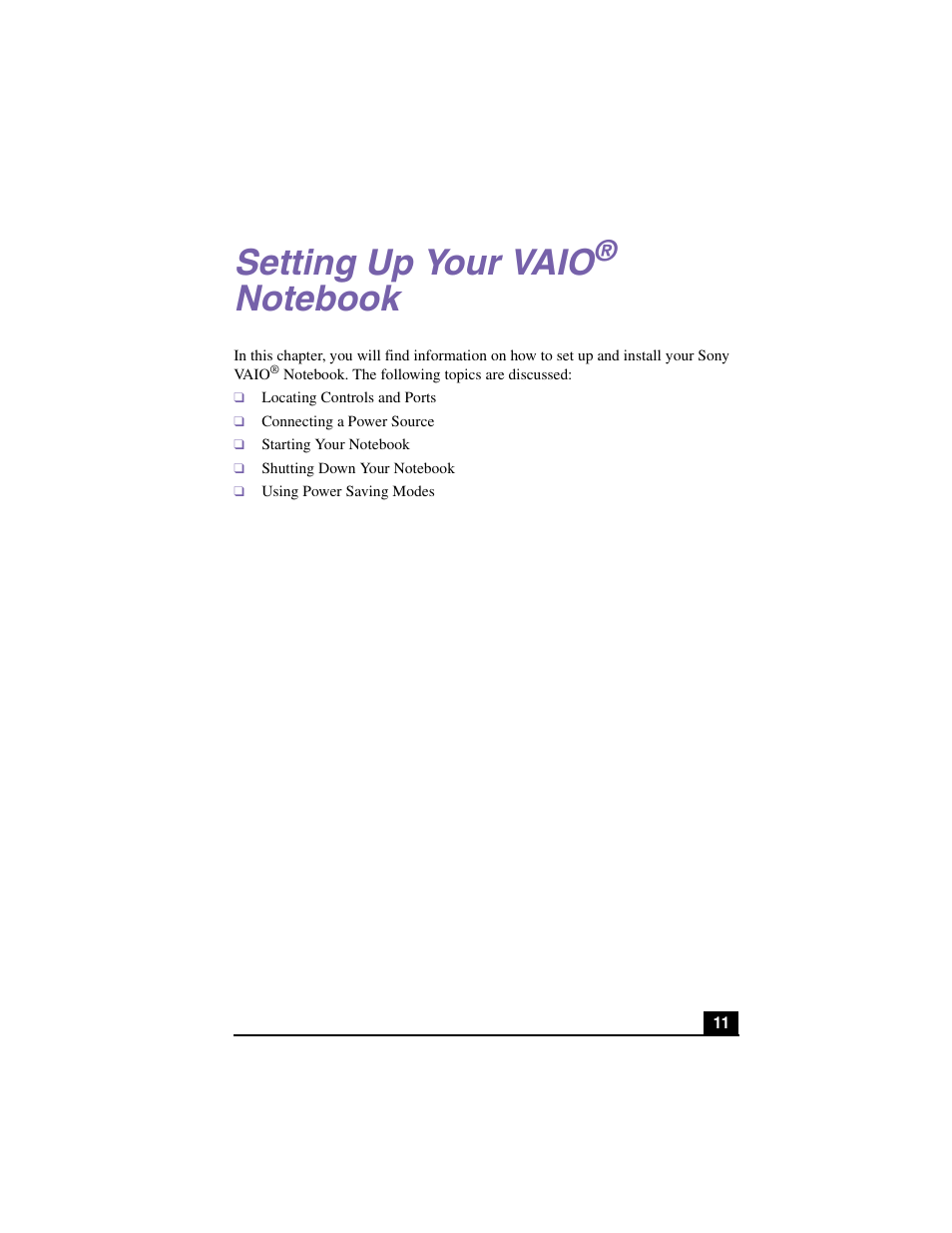 Setting up your vaio® notebook, Setting up your vaio | Sony PCG-GR150K User Manual | Page 11 / 72