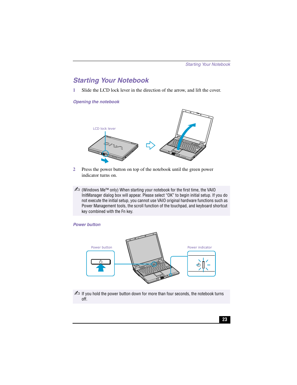 Starting your notebook, Opening the notebook, Power button | Sony PCG-GR150K User Manual | Page 23 / 72