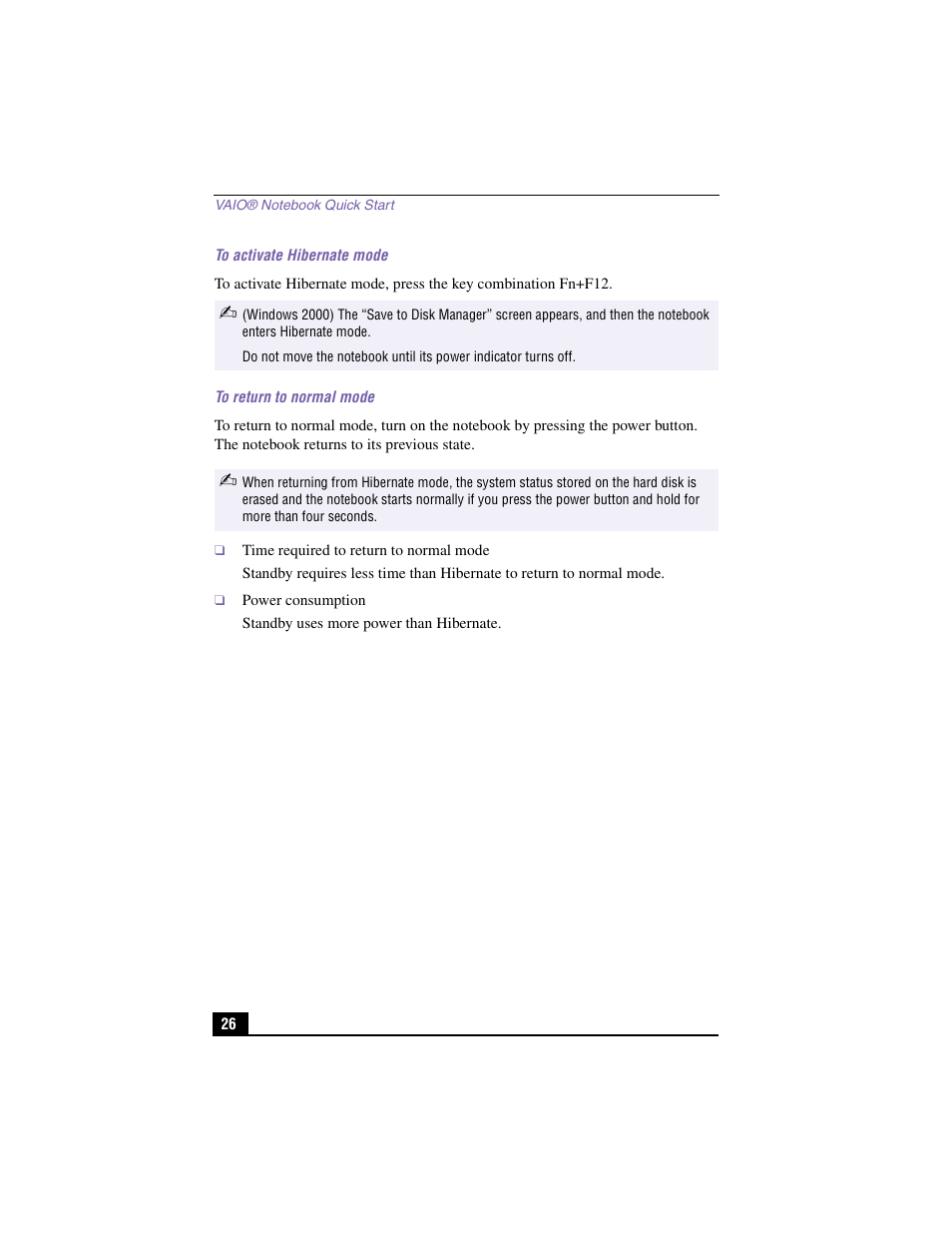 To activate hibernate mode, To return to normal mode | Sony PCG-GR150K User Manual | Page 26 / 72