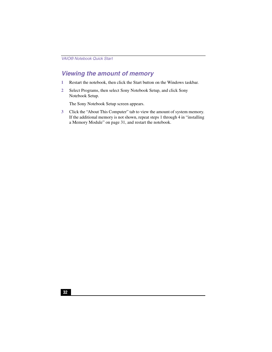 Viewing the amount of memory | Sony PCG-GR150K User Manual | Page 32 / 72