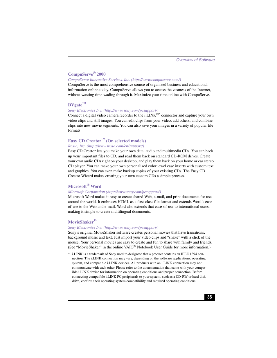 Compuserve® 2000, Dvgate, Easy cd creator™ (on selected models) | Roxio, inc. (http://www.roxio.com/en/support/), Microsoft® word, Movieshaker | Sony PCG-GR150K User Manual | Page 35 / 72