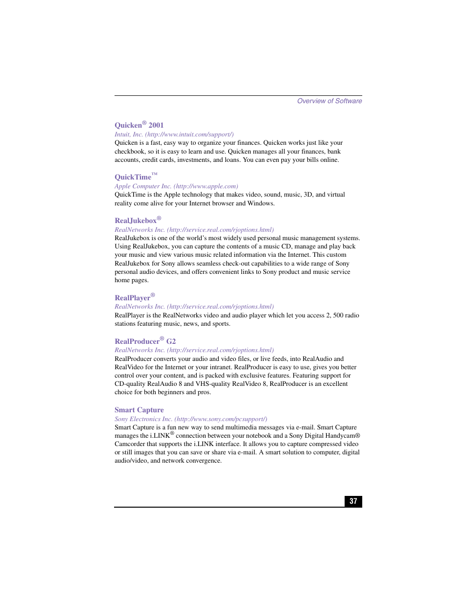 Quicken® 2001, Intuit, inc. (http://www.intuit.com/support/), Quicktime | Apple computer inc. (http://www.apple.com), Realjukebox, Realplayer, Realproducer® g2, Smart capture | Sony PCG-GR150K User Manual | Page 37 / 72