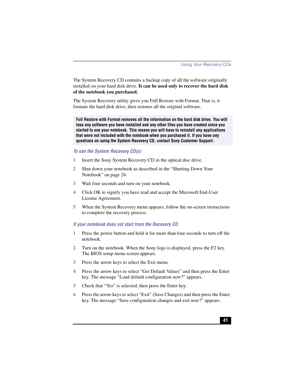 To use the system recovery cd(s), 3 wait four seconds and turn on your notebook, 3 press the arrow keys to select the exit menu | Sony PCG-GR150K User Manual | Page 41 / 72