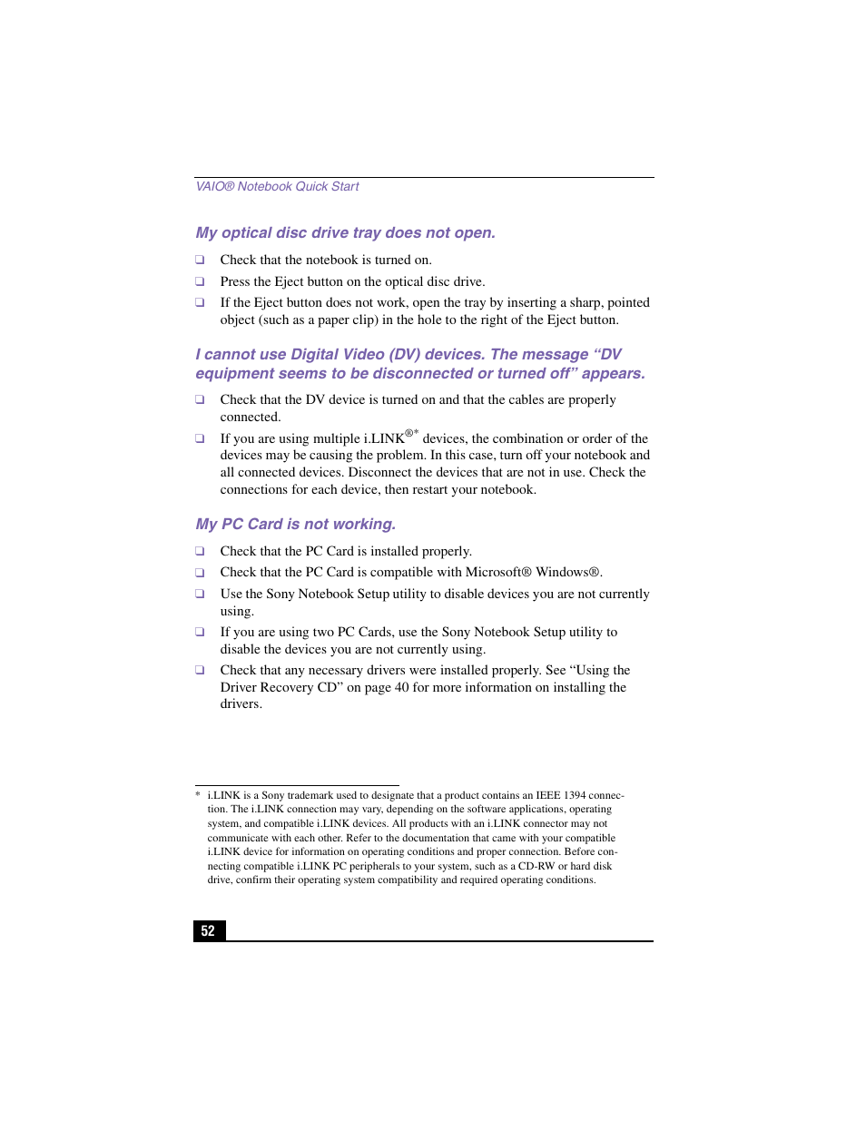 My optical disc drive tray does not open, My pc card is not working | Sony PCG-GR150K User Manual | Page 52 / 72