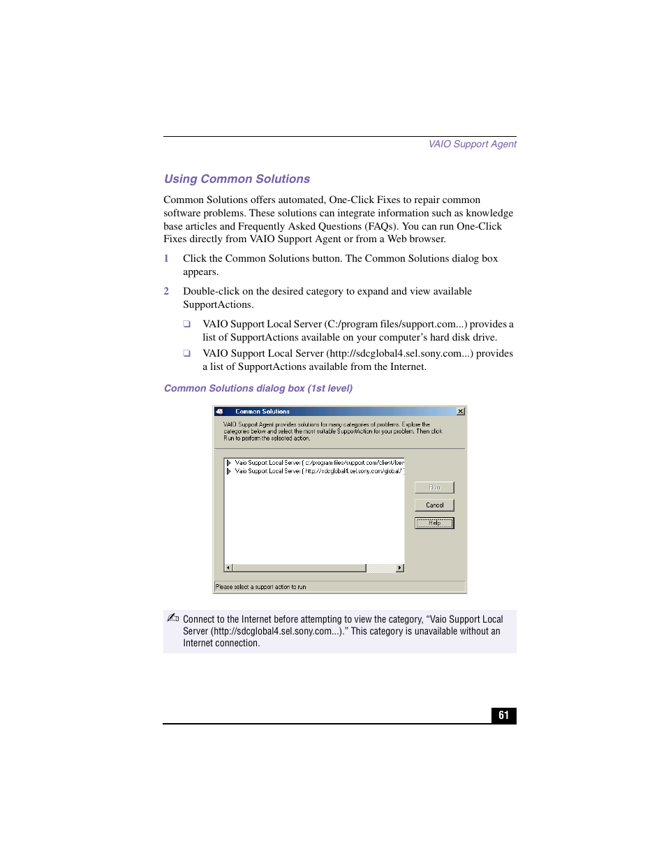 Using common solutions, Common solutions dialog box (1st level) | Sony PCG-GR150K User Manual | Page 61 / 72