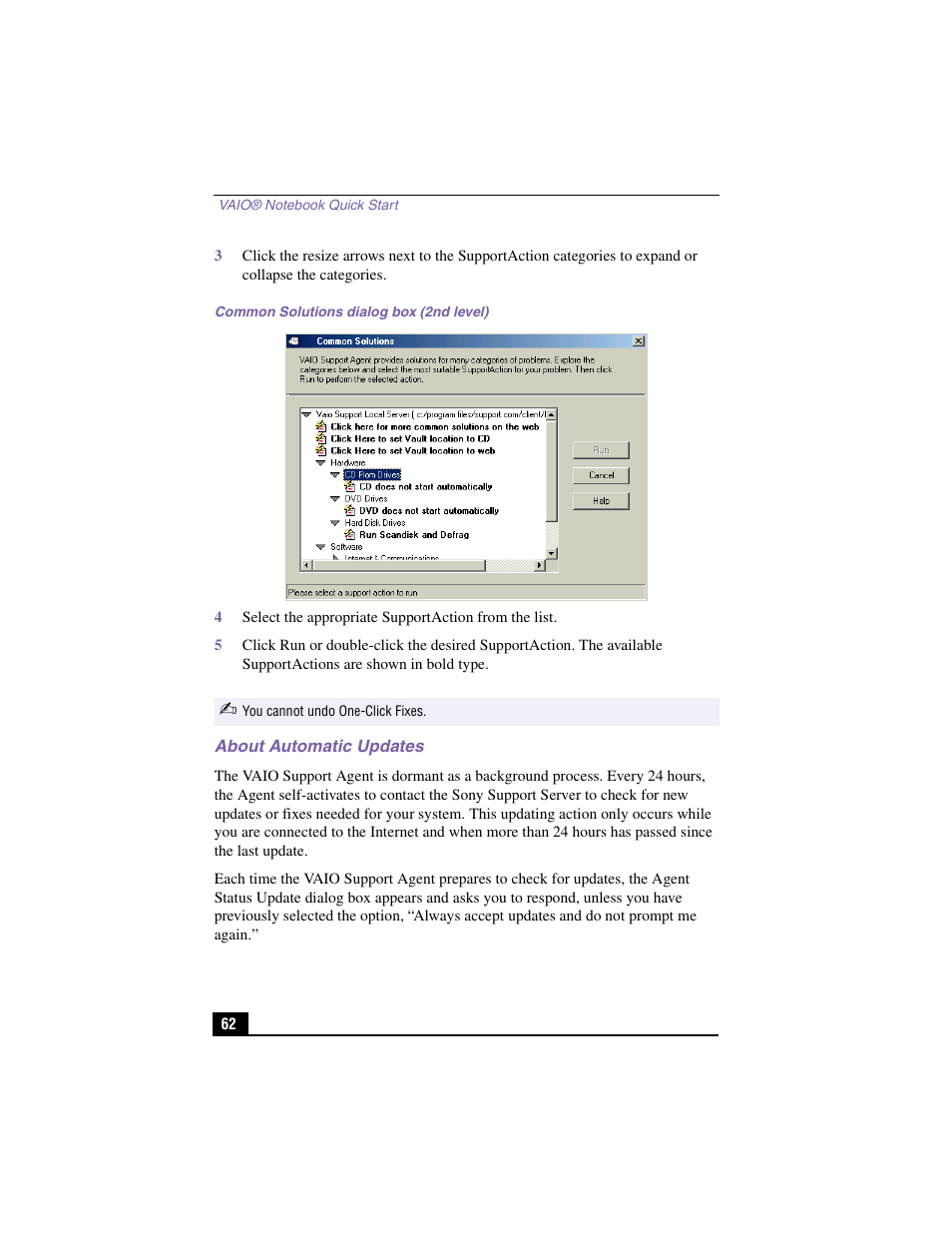 Common solutions dialog box (2nd level), About automatic updates | Sony PCG-GR150K User Manual | Page 62 / 72