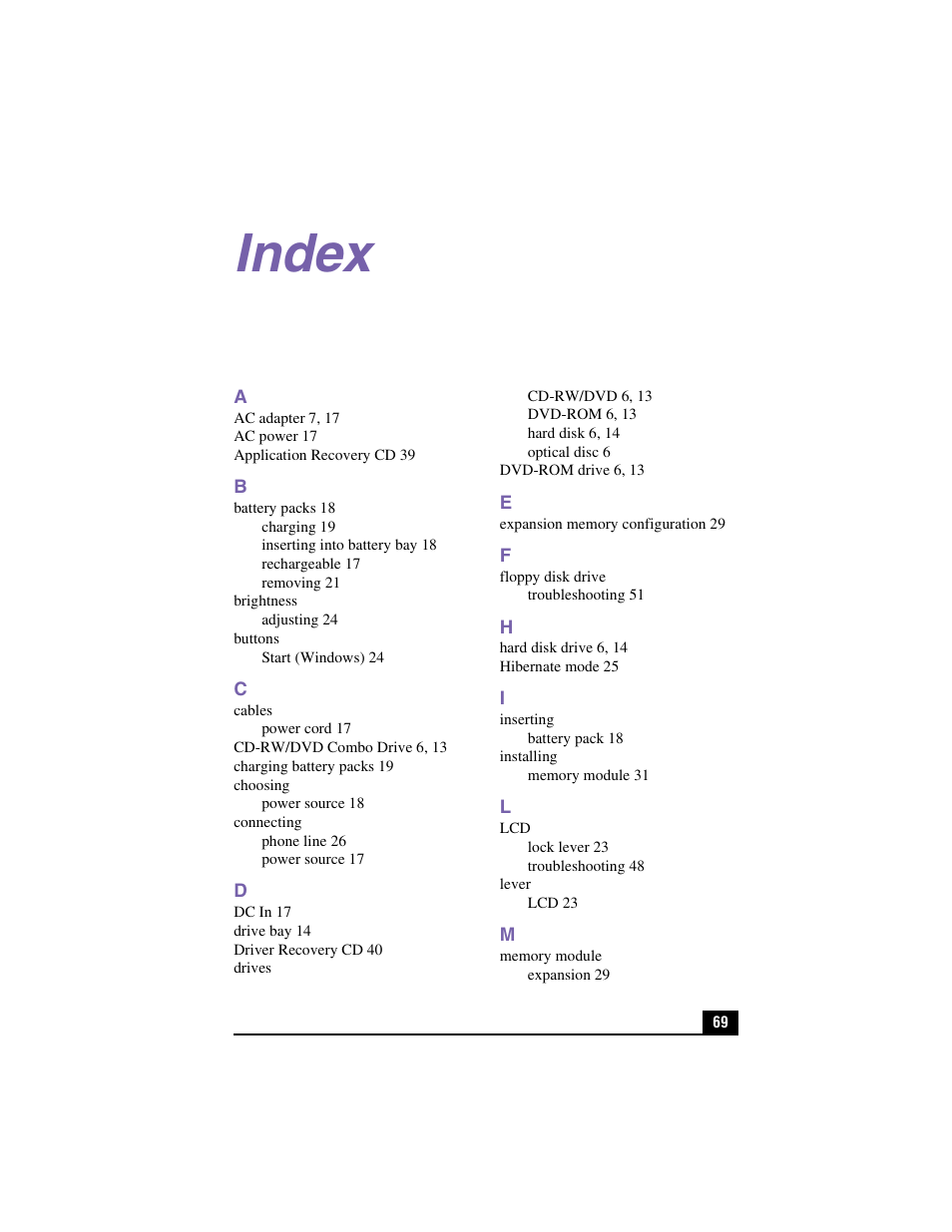 Index | Sony PCG-GR150K User Manual | Page 69 / 72
