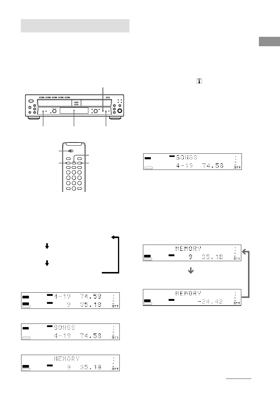 Using the display, Changing the display, Display while the unit is stopped | The information appears as follows, Basic operations, Deck a, Deck b, Continued | Sony RCD-W10 User Manual | Page 9 / 32