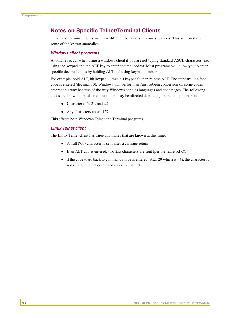 Notes on specific telnet/terminal clients, Windows client programs, Linux telnet client | AMX NetLinx Master-Ethernet Card/Module NXC-ME260 User Manual | Page 104 / 106