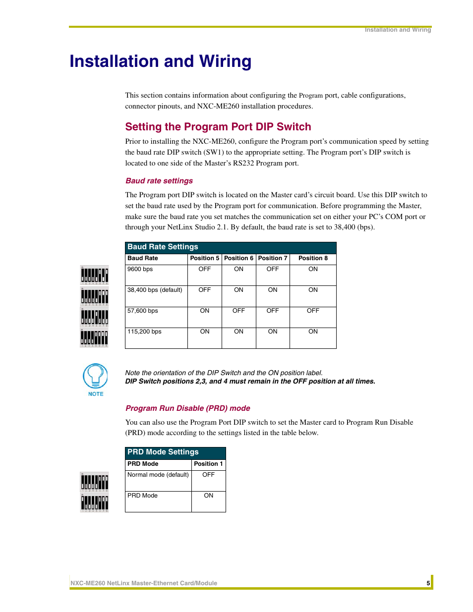 Installation and wiring, Setting the program port dip switch, Baud rate settings | Program run disable (prd) mode | AMX NetLinx Master-Ethernet Card/Module NXC-ME260 User Manual | Page 11 / 106
