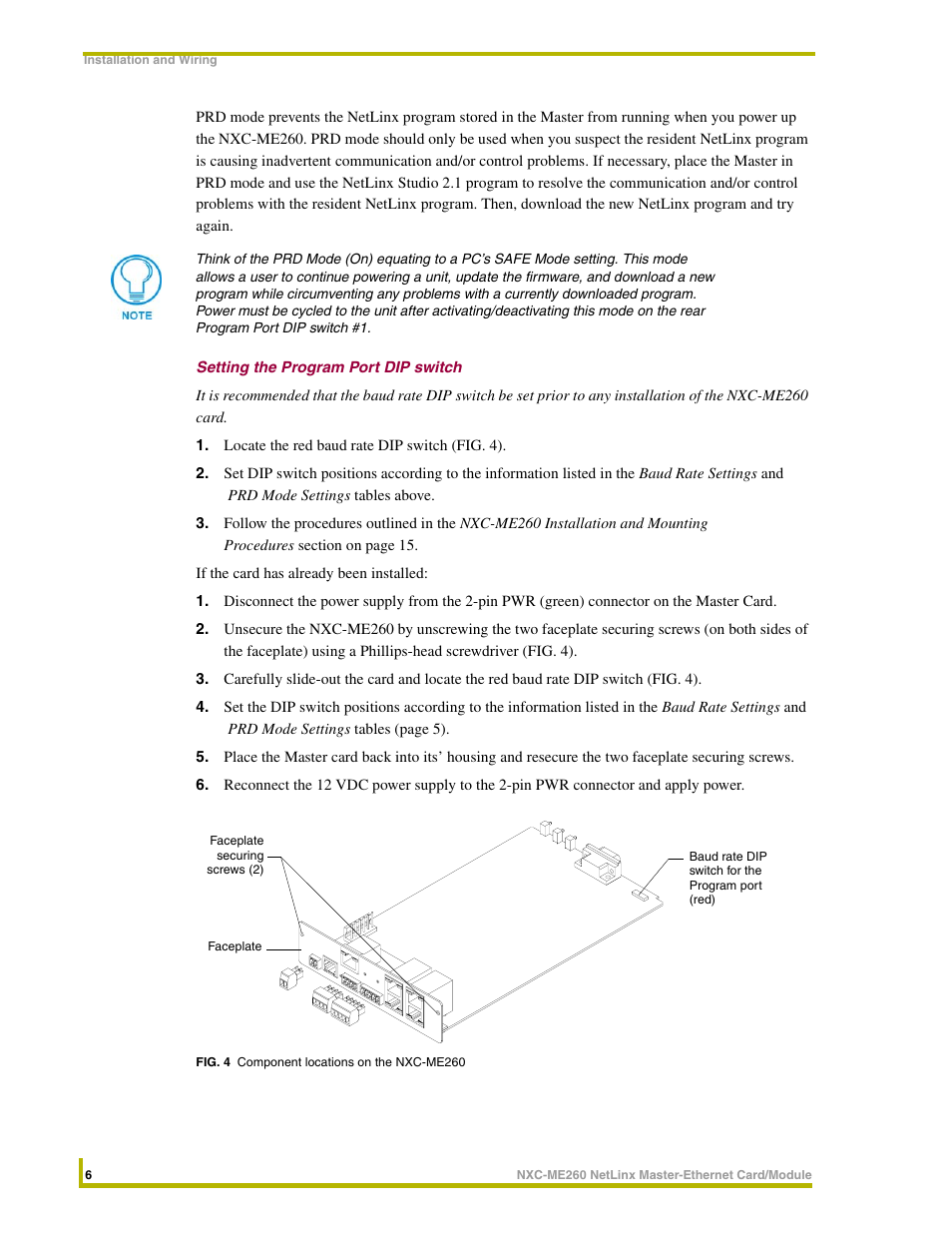 Setting the program port dip switch | AMX NetLinx Master-Ethernet Card/Module NXC-ME260 User Manual | Page 12 / 106