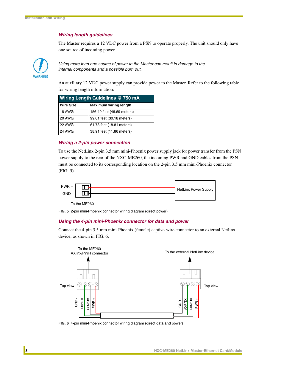 Wiring length guidelines, Wiring a 2-pin power connection | AMX NetLinx Master-Ethernet Card/Module NXC-ME260 User Manual | Page 14 / 106