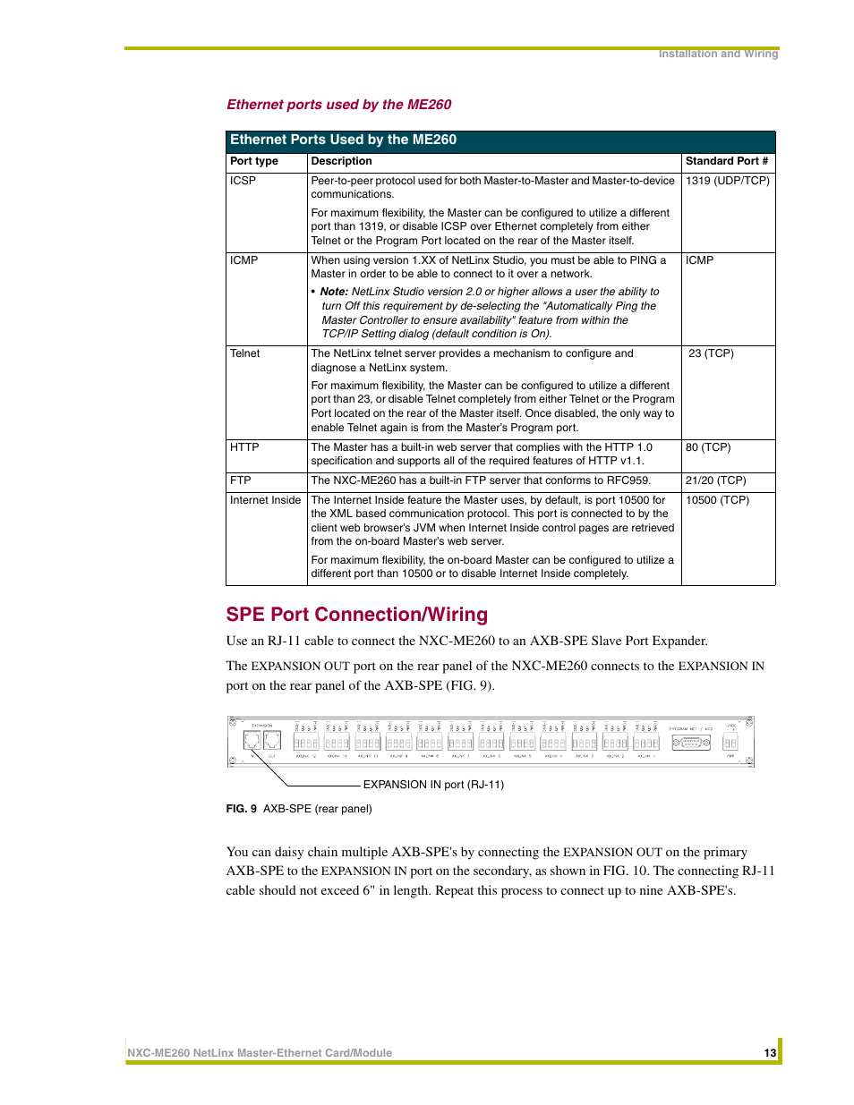 Ethernet ports used by the me260, Spe port connection/wiring | AMX NetLinx Master-Ethernet Card/Module NXC-ME260 User Manual | Page 19 / 106