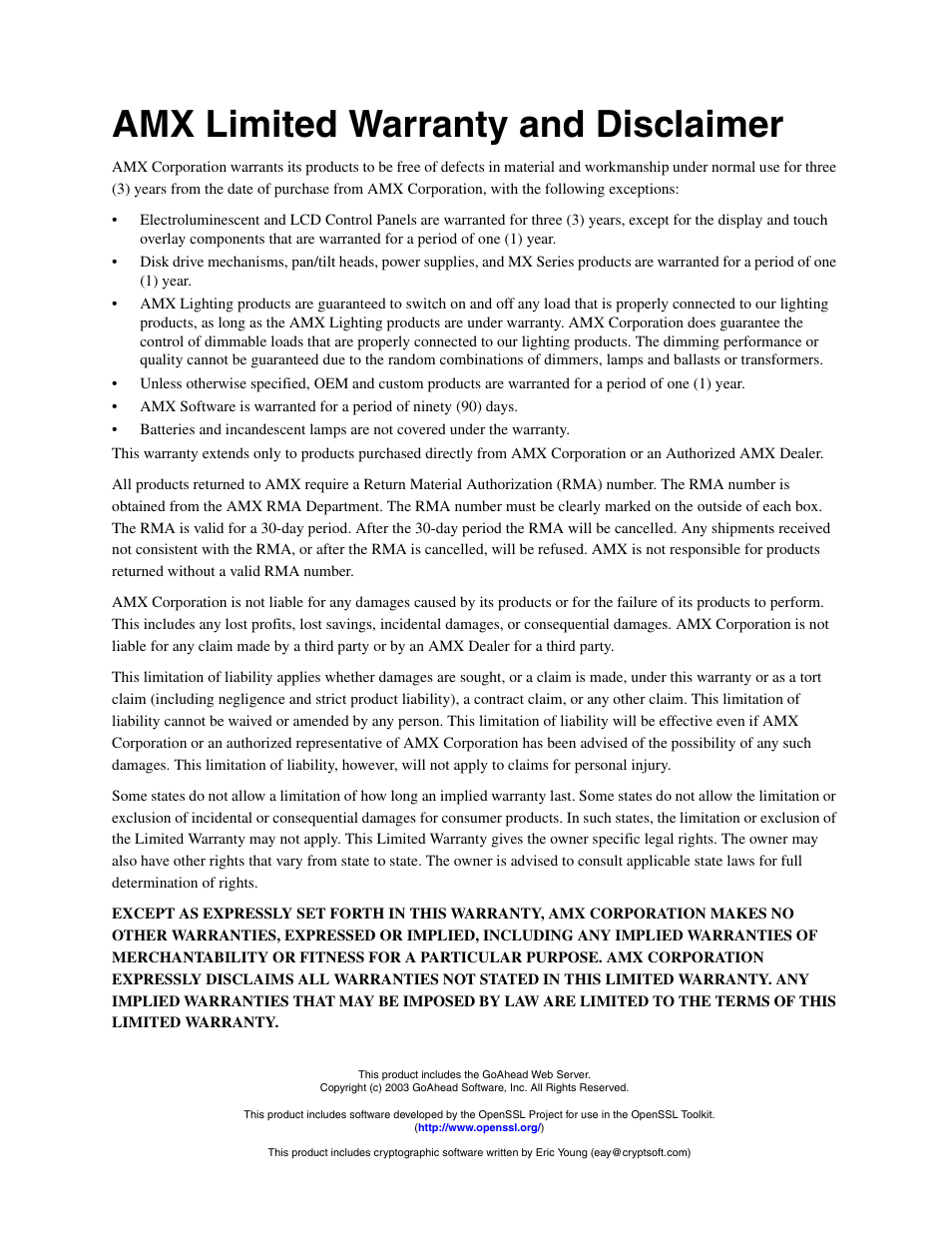 Amx limited warranty and disclaimer | AMX NetLinx Master-Ethernet Card/Module NXC-ME260 User Manual | Page 2 / 106