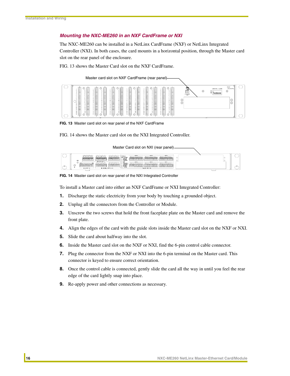 Mounting the nxc-me260 in an nxf cardframe or nxi | AMX NetLinx Master-Ethernet Card/Module NXC-ME260 User Manual | Page 22 / 106