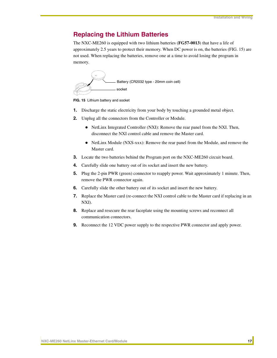 Replacing the lithium batteries | AMX NetLinx Master-Ethernet Card/Module NXC-ME260 User Manual | Page 23 / 106