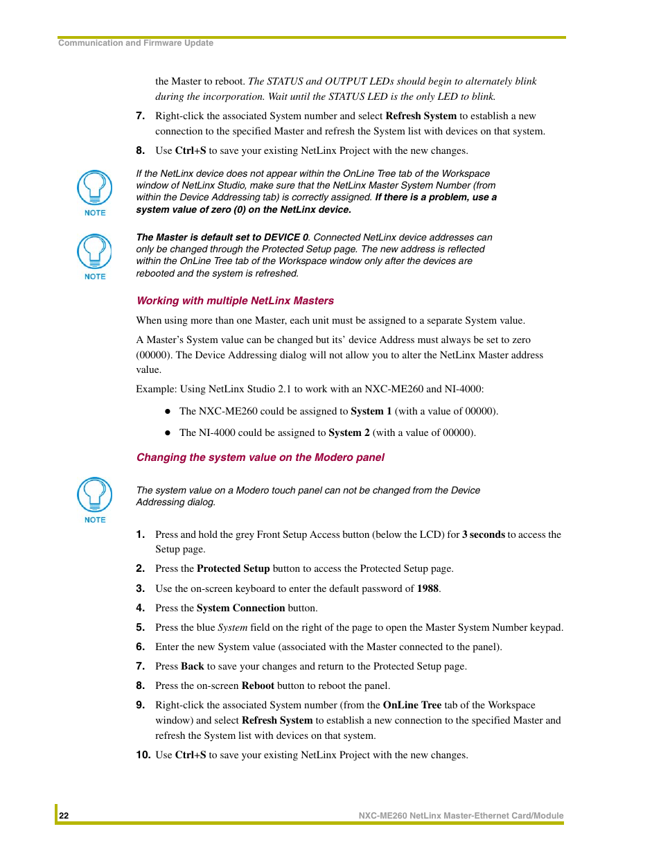 Working with multiple netlinx masters, Changing the system value on the modero panel | AMX NetLinx Master-Ethernet Card/Module NXC-ME260 User Manual | Page 28 / 106
