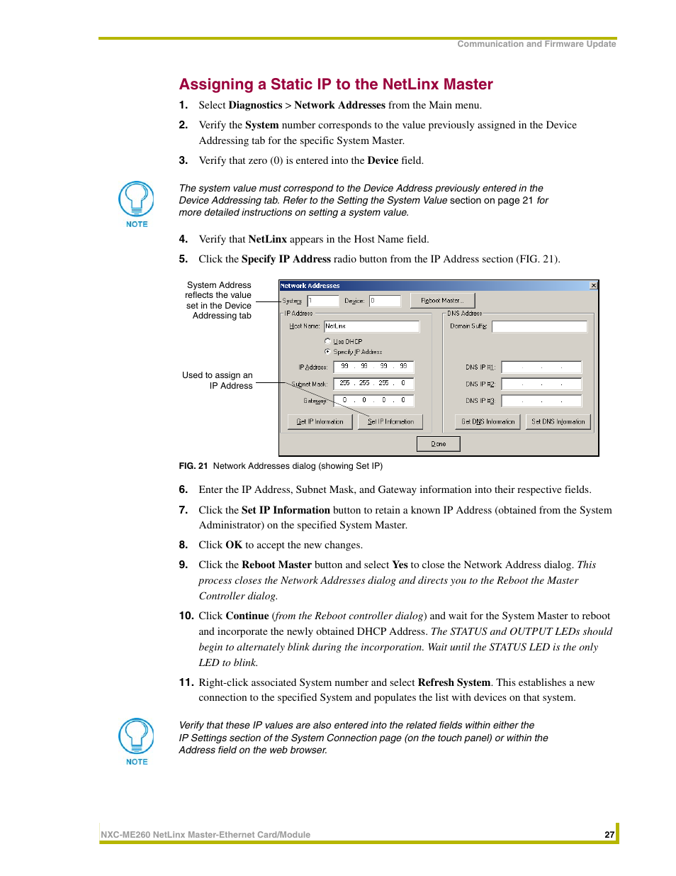 Assigning a static ip to the netlinx master | AMX NetLinx Master-Ethernet Card/Module NXC-ME260 User Manual | Page 33 / 106