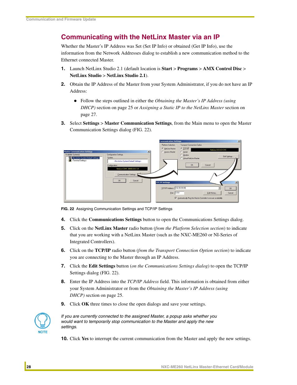 Communicating with the netlinx master via an ip | AMX NetLinx Master-Ethernet Card/Module NXC-ME260 User Manual | Page 34 / 106