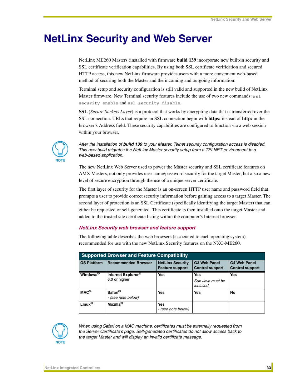 Netlinx security and web server, Netlinx security web browser and feature support | AMX NetLinx Master-Ethernet Card/Module NXC-ME260 User Manual | Page 39 / 106