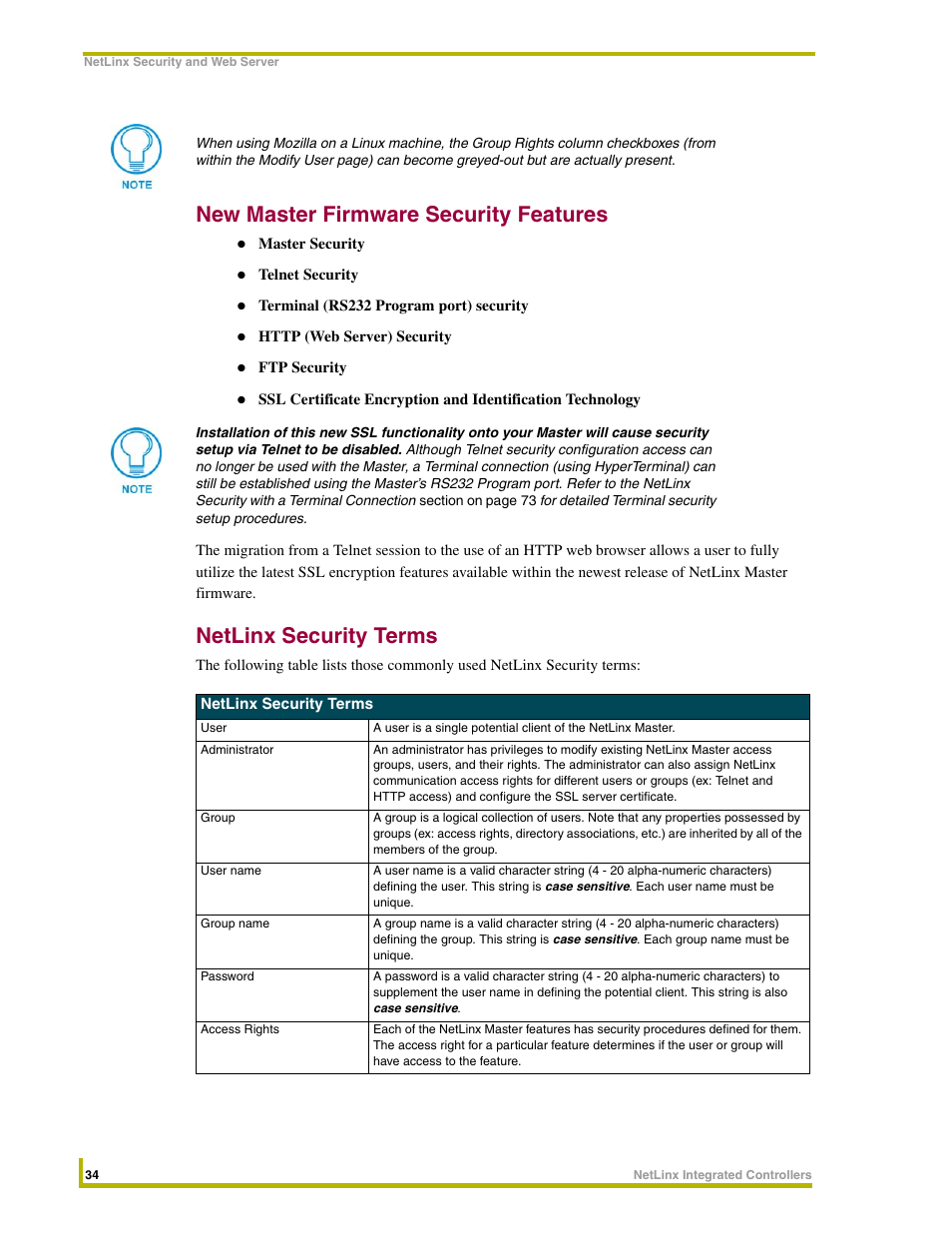 New master firmware security features, Netlinx security terms | AMX NetLinx Master-Ethernet Card/Module NXC-ME260 User Manual | Page 40 / 106