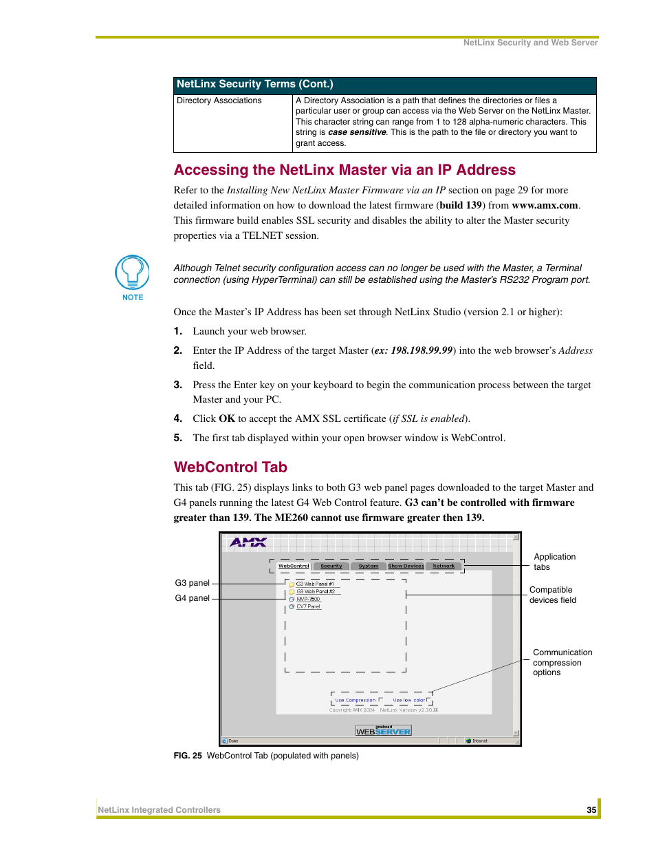 Accessing the netlinx master via an ip address, Webcontrol tab | AMX NetLinx Master-Ethernet Card/Module NXC-ME260 User Manual | Page 41 / 106