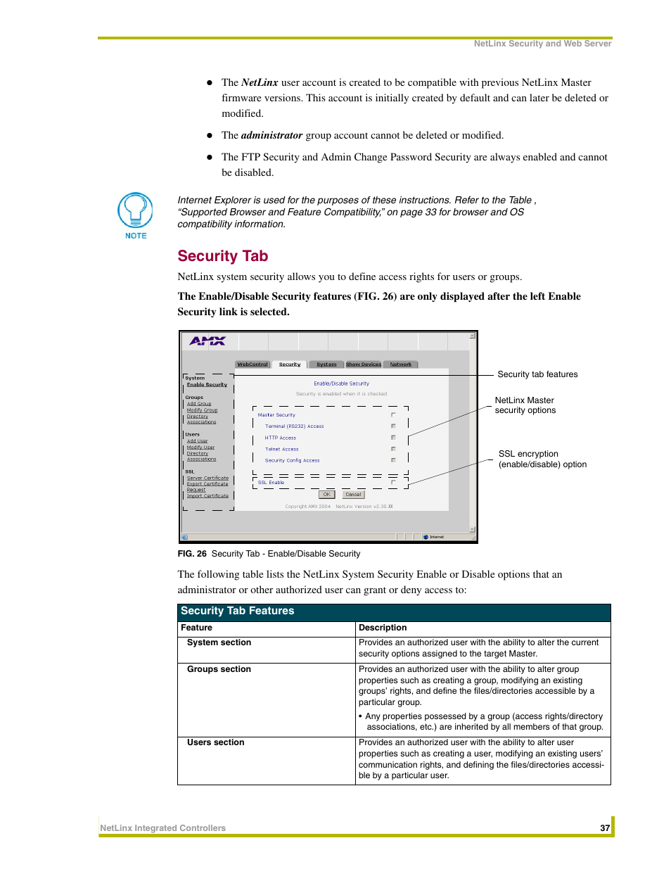 Security tab | AMX NetLinx Master-Ethernet Card/Module NXC-ME260 User Manual | Page 43 / 106