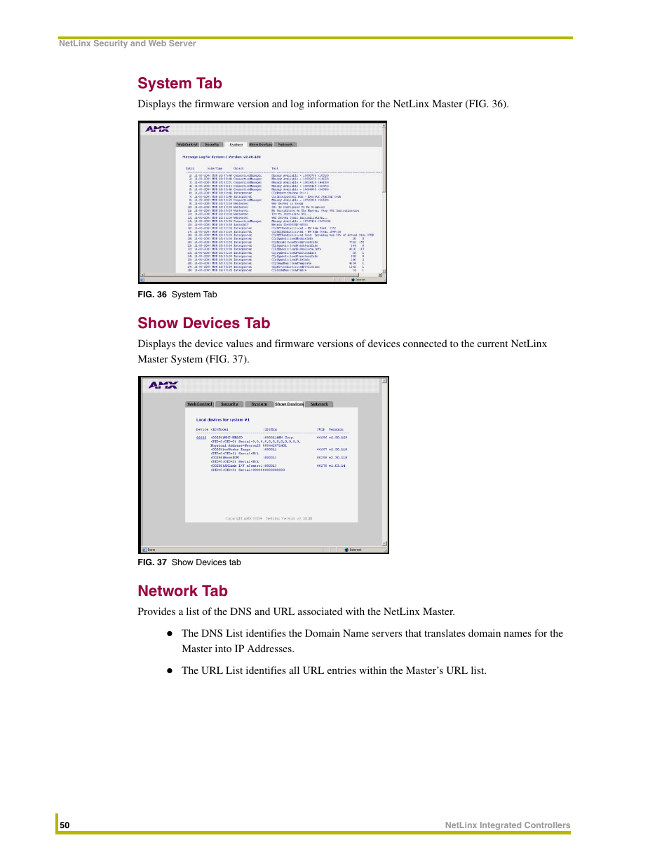 System tab, Show devices tab, Network tab | AMX NetLinx Master-Ethernet Card/Module NXC-ME260 User Manual | Page 56 / 106
