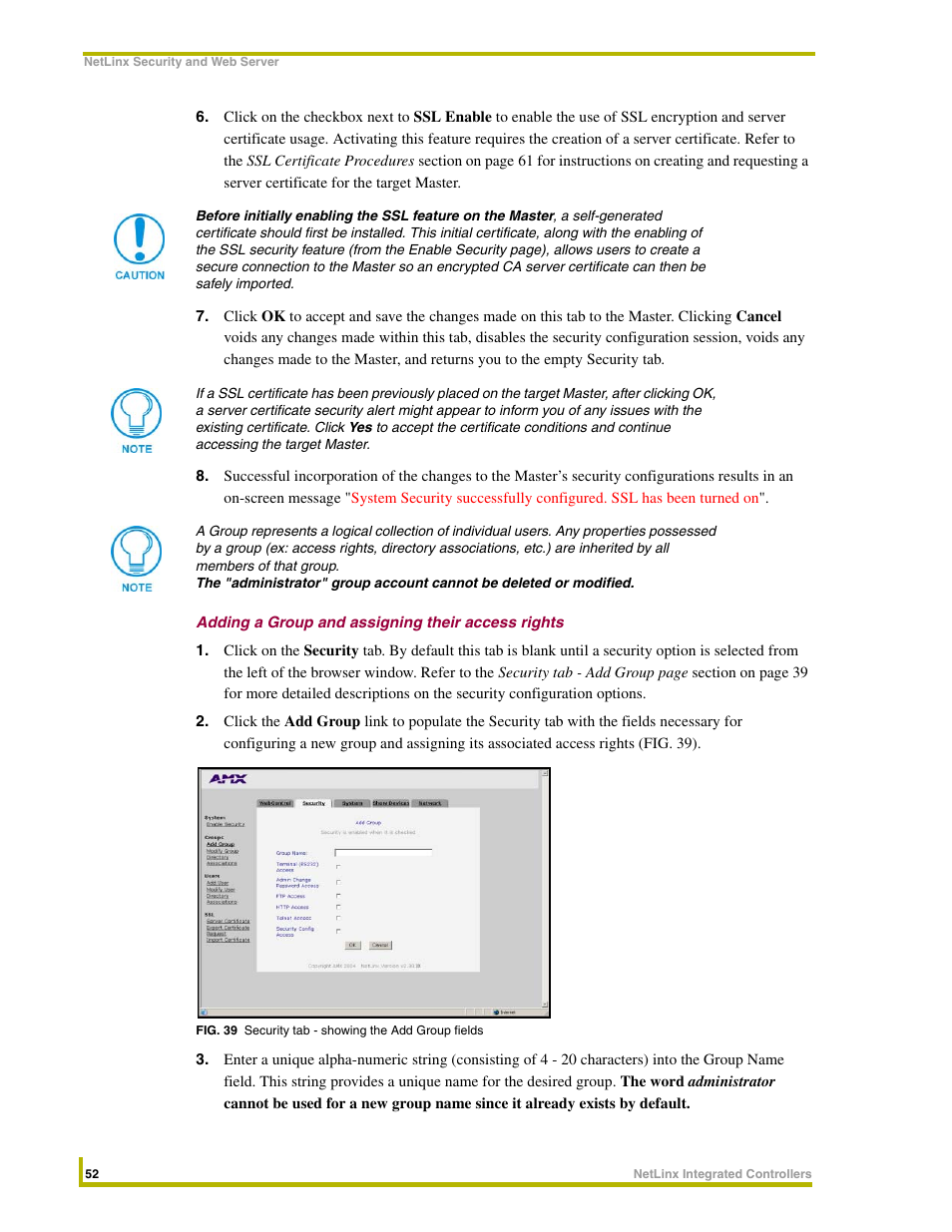 Adding a group and assigning their access rights | AMX NetLinx Master-Ethernet Card/Module NXC-ME260 User Manual | Page 58 / 106