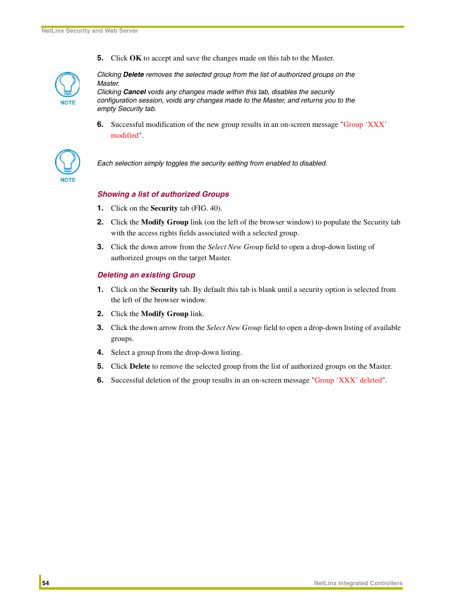 Showing a list of authorized groups, Deleting an existing group | AMX NetLinx Master-Ethernet Card/Module NXC-ME260 User Manual | Page 60 / 106