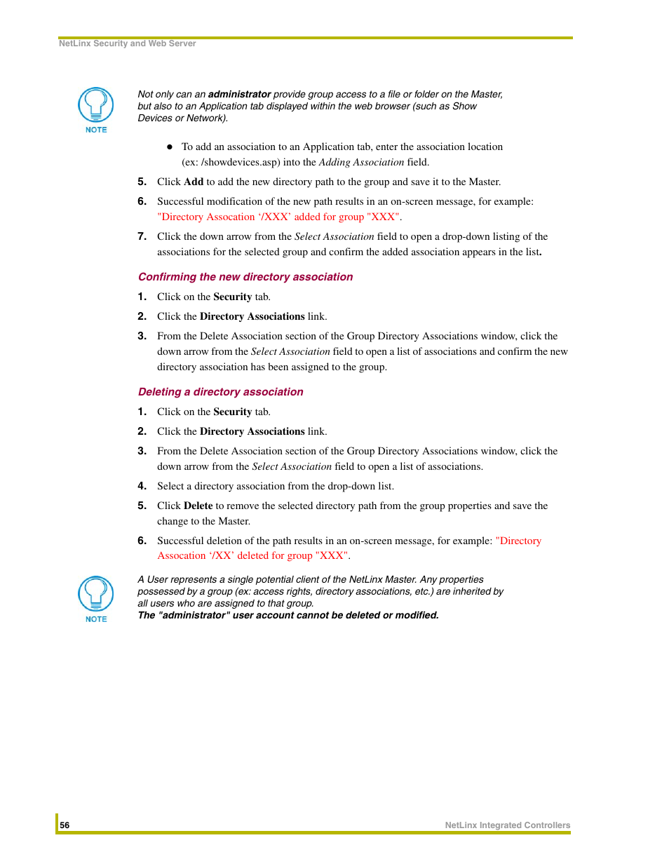 Confirming the new directory association, Deleting a directory association | AMX NetLinx Master-Ethernet Card/Module NXC-ME260 User Manual | Page 62 / 106