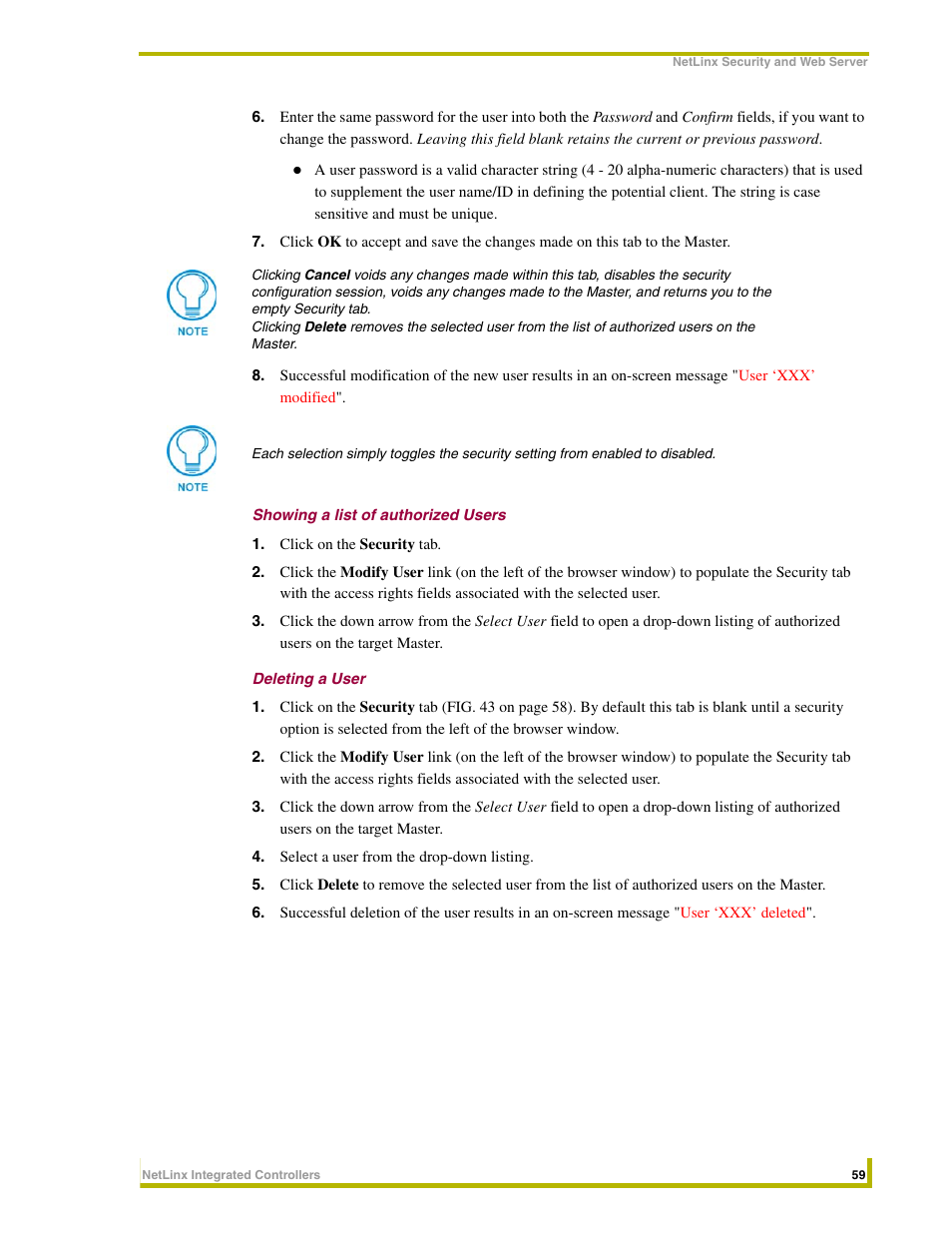 Showing a list of authorized users, Deleting a user | AMX NetLinx Master-Ethernet Card/Module NXC-ME260 User Manual | Page 65 / 106