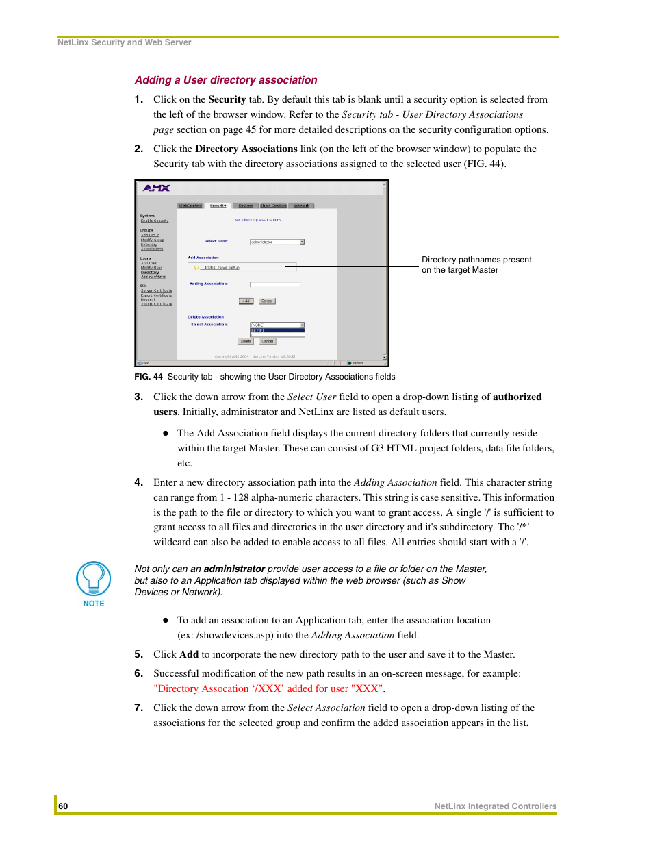 Adding a user directory association | AMX NetLinx Master-Ethernet Card/Module NXC-ME260 User Manual | Page 66 / 106