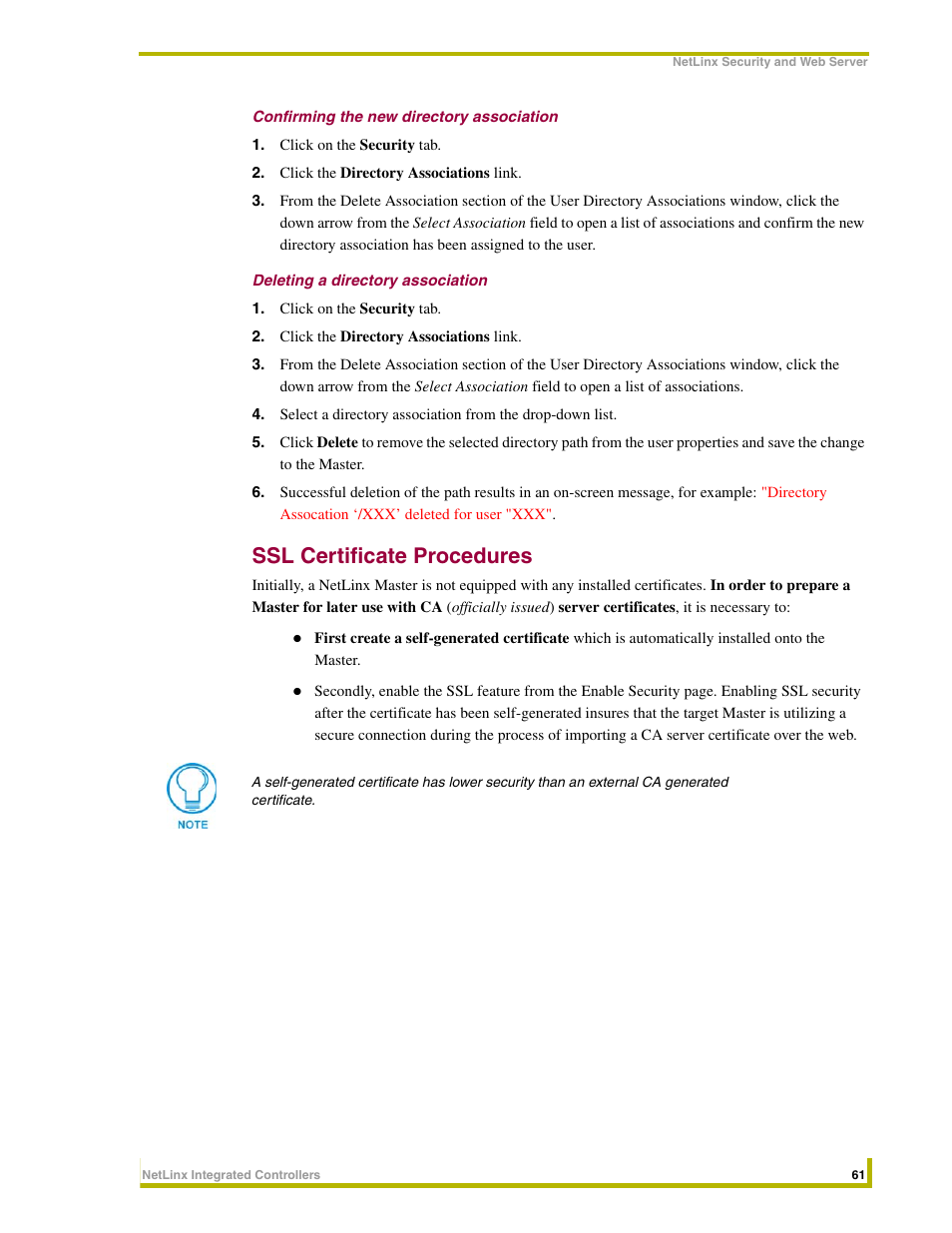 Confirming the new directory association, Deleting a directory association, Ssl certificate procedures | AMX NetLinx Master-Ethernet Card/Module NXC-ME260 User Manual | Page 67 / 106