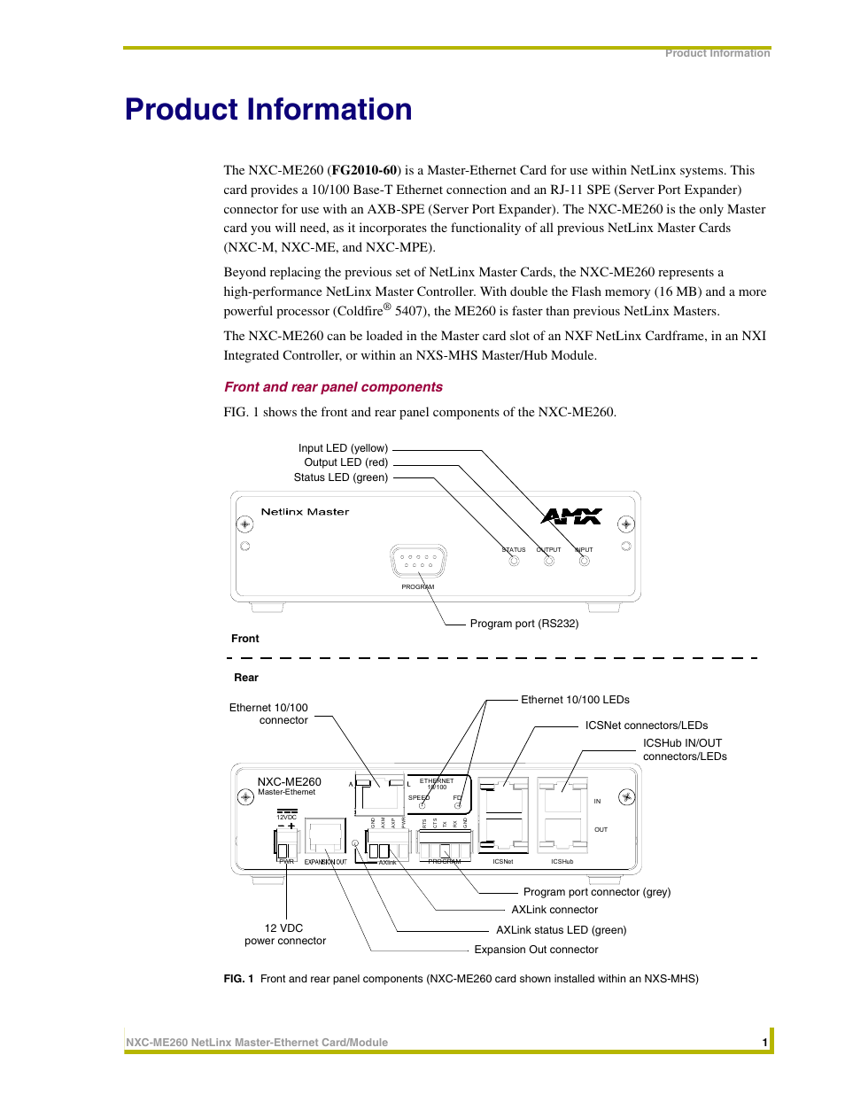 Product information, Front and rear panel components | AMX NetLinx Master-Ethernet Card/Module NXC-ME260 User Manual | Page 7 / 106