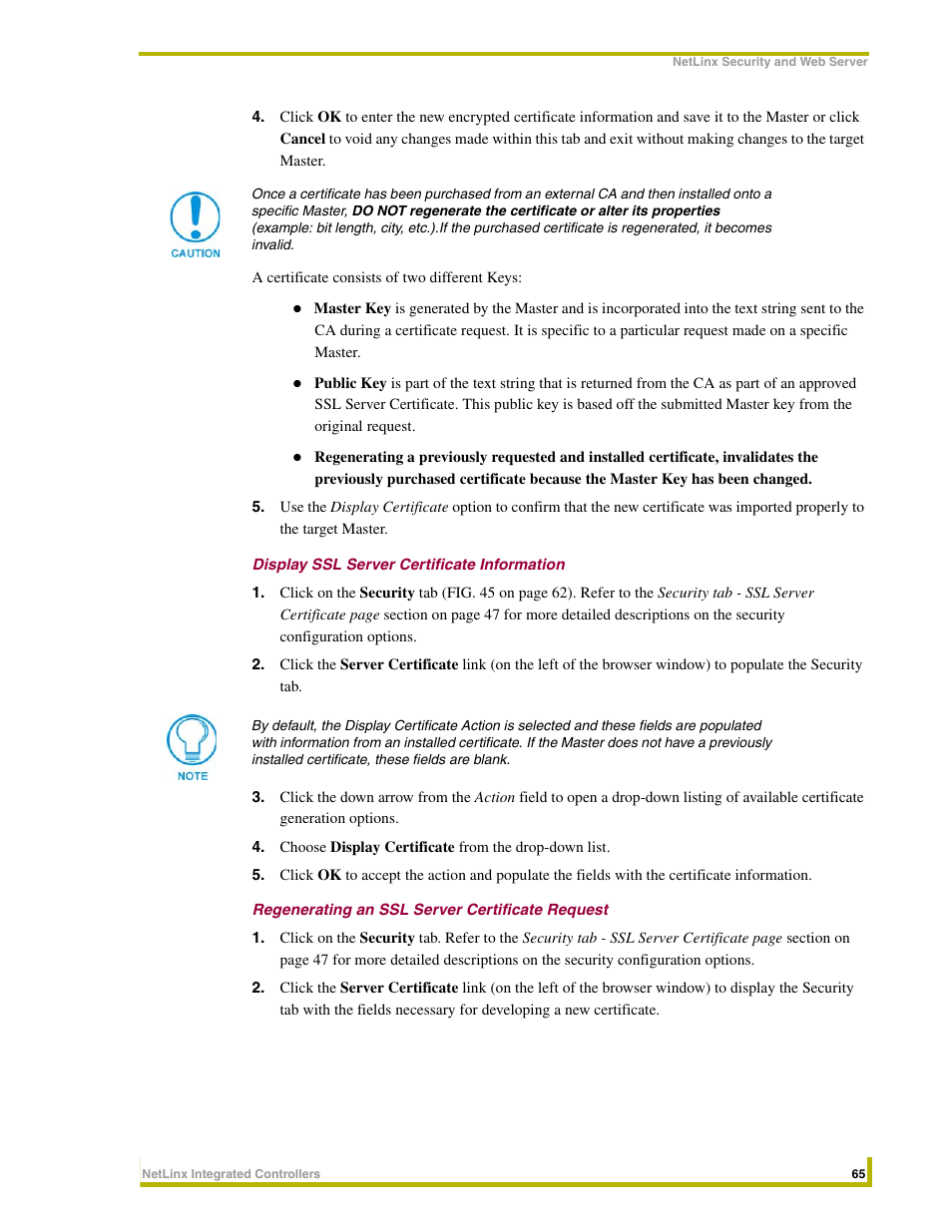 Display ssl server certificate information, Regenerating an ssl server certificate request | AMX NetLinx Master-Ethernet Card/Module NXC-ME260 User Manual | Page 71 / 106