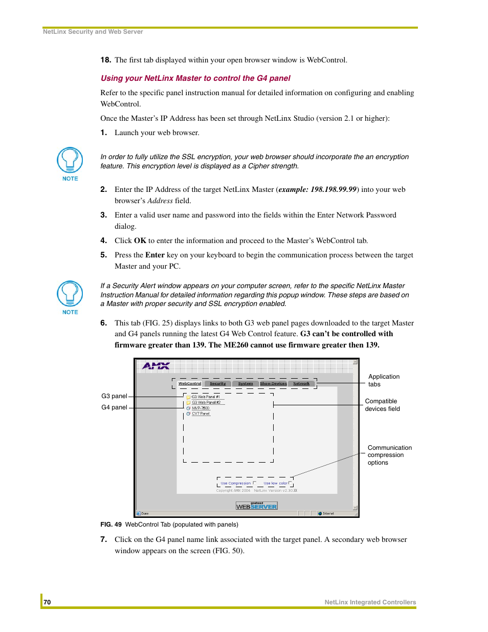 Using your netlinx master to control the g4 panel | AMX NetLinx Master-Ethernet Card/Module NXC-ME260 User Manual | Page 76 / 106