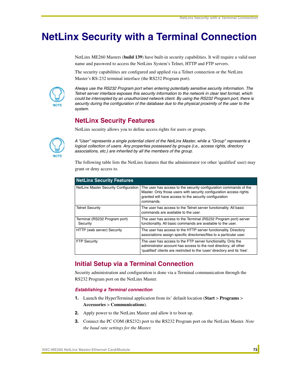 Netlinx security with a terminal connection, Netlinx security features, Initial setup via a terminal connection | Establishing a terminal connection | AMX NetLinx Master-Ethernet Card/Module NXC-ME260 User Manual | Page 79 / 106