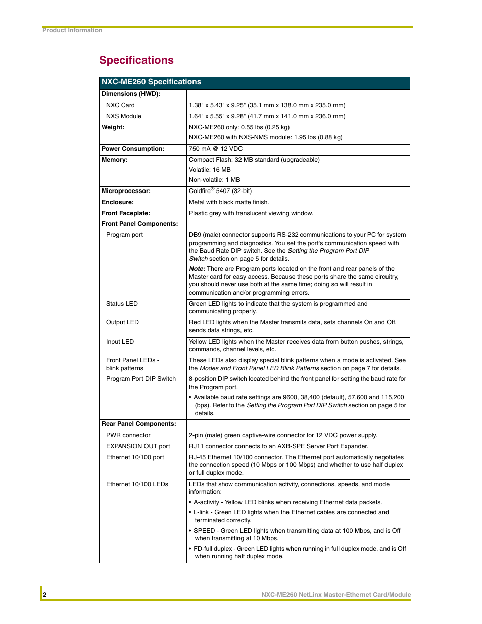 Specifications | AMX NetLinx Master-Ethernet Card/Module NXC-ME260 User Manual | Page 8 / 106