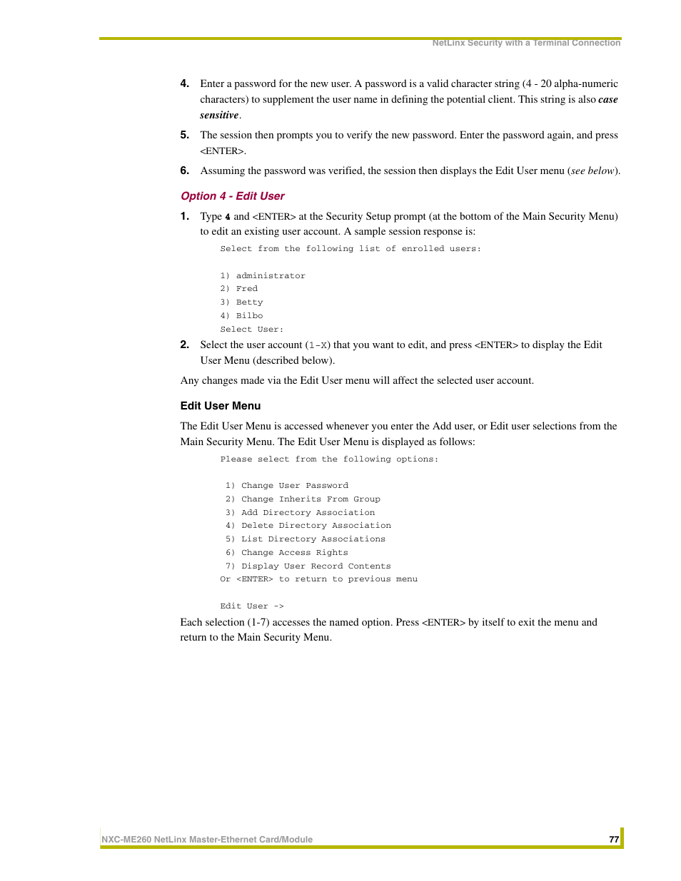 Option 4 - edit user | AMX NetLinx Master-Ethernet Card/Module NXC-ME260 User Manual | Page 83 / 106