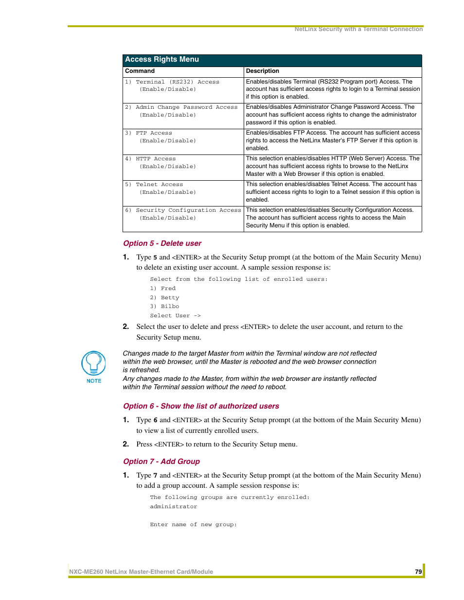 Option 5 - delete user, Option 6 - show the list of authorized users, Option 7 - add group | AMX NetLinx Master-Ethernet Card/Module NXC-ME260 User Manual | Page 85 / 106