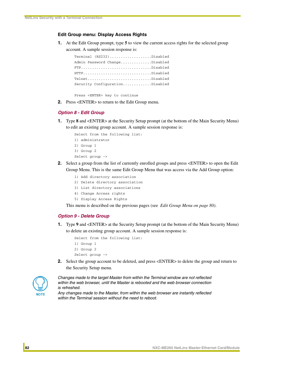 Option 8 - edit group, Option 9 - delete group | AMX NetLinx Master-Ethernet Card/Module NXC-ME260 User Manual | Page 88 / 106