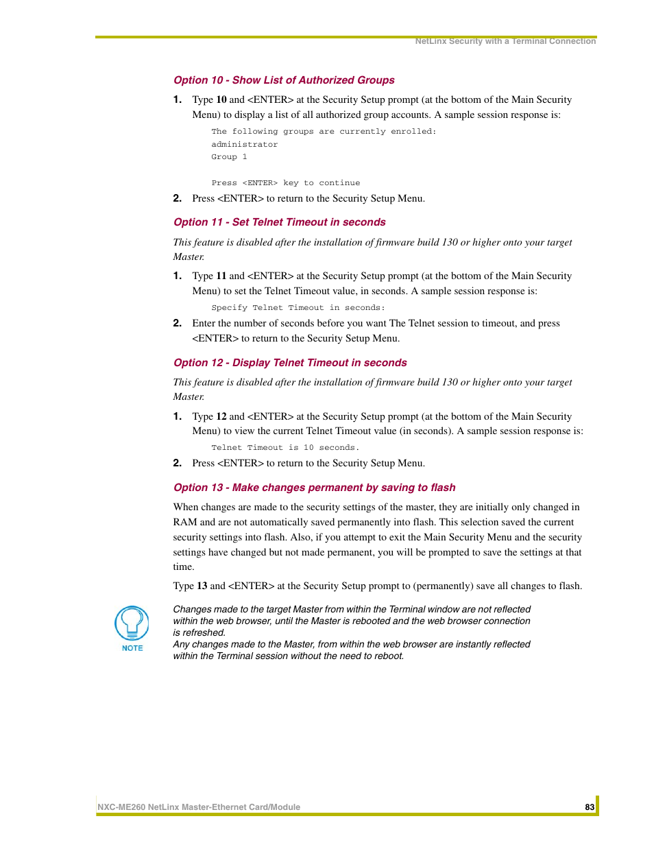Option 10 - show list of authorized groups, Option 11 - set telnet timeout in seconds, Option 12 - display telnet timeout in seconds | AMX NetLinx Master-Ethernet Card/Module NXC-ME260 User Manual | Page 89 / 106