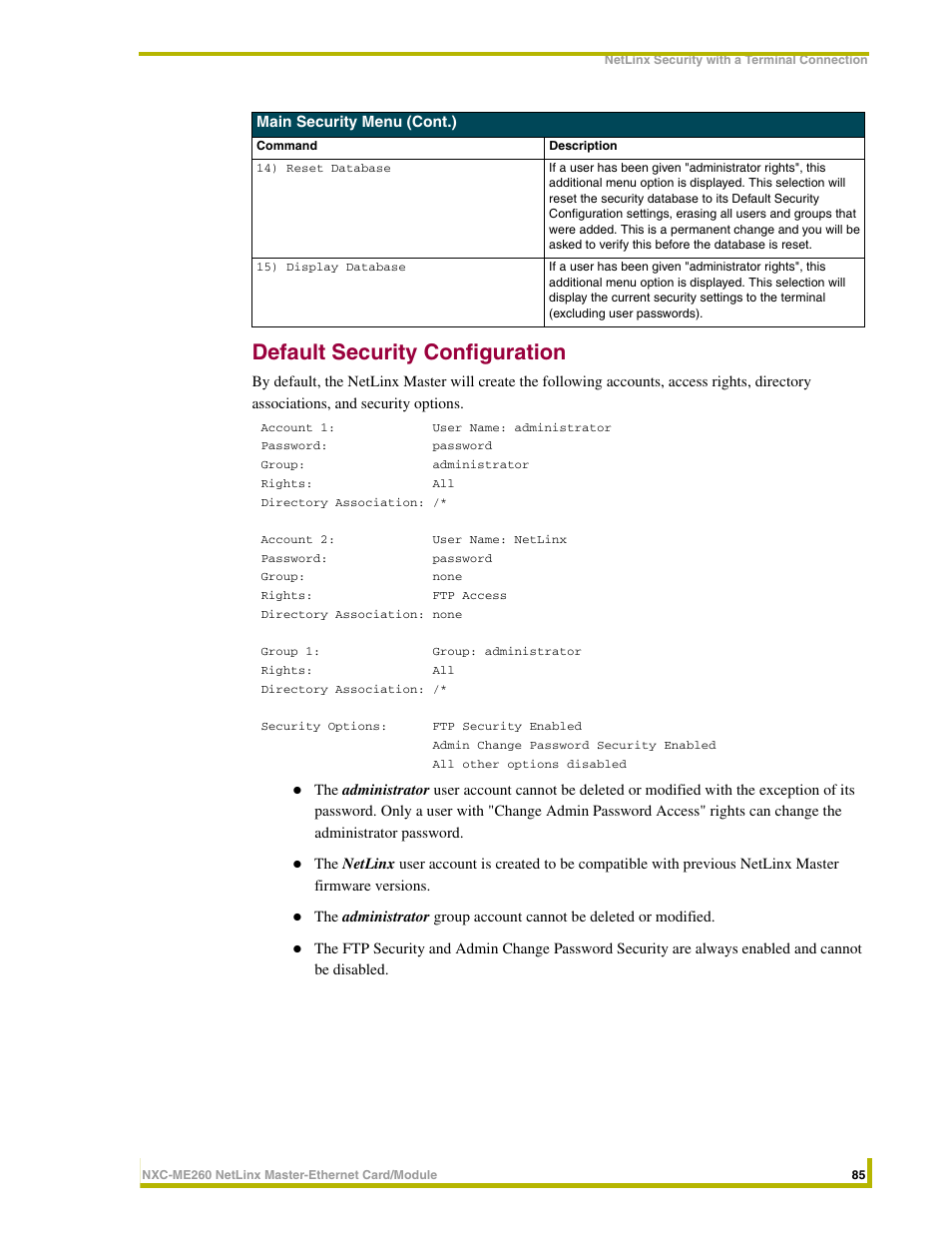 Default security configuration | AMX NetLinx Master-Ethernet Card/Module NXC-ME260 User Manual | Page 91 / 106
