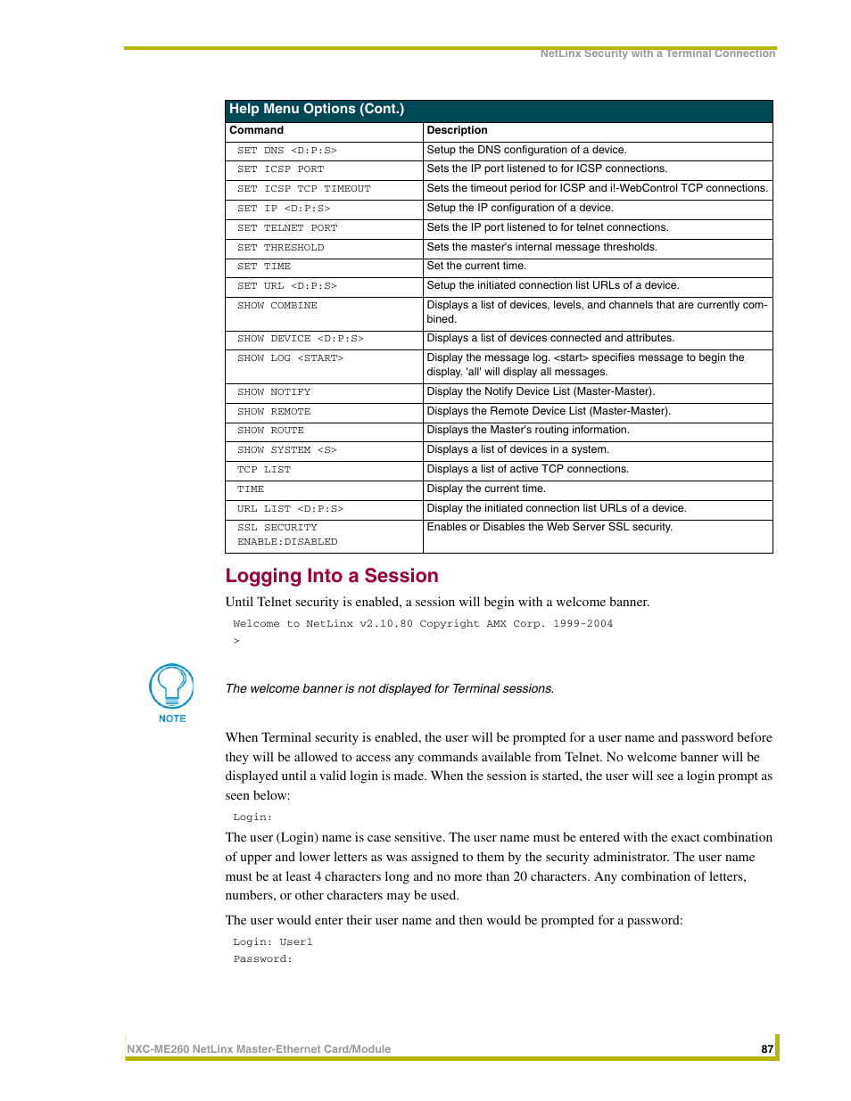 Logging into a session | AMX NetLinx Master-Ethernet Card/Module NXC-ME260 User Manual | Page 93 / 106