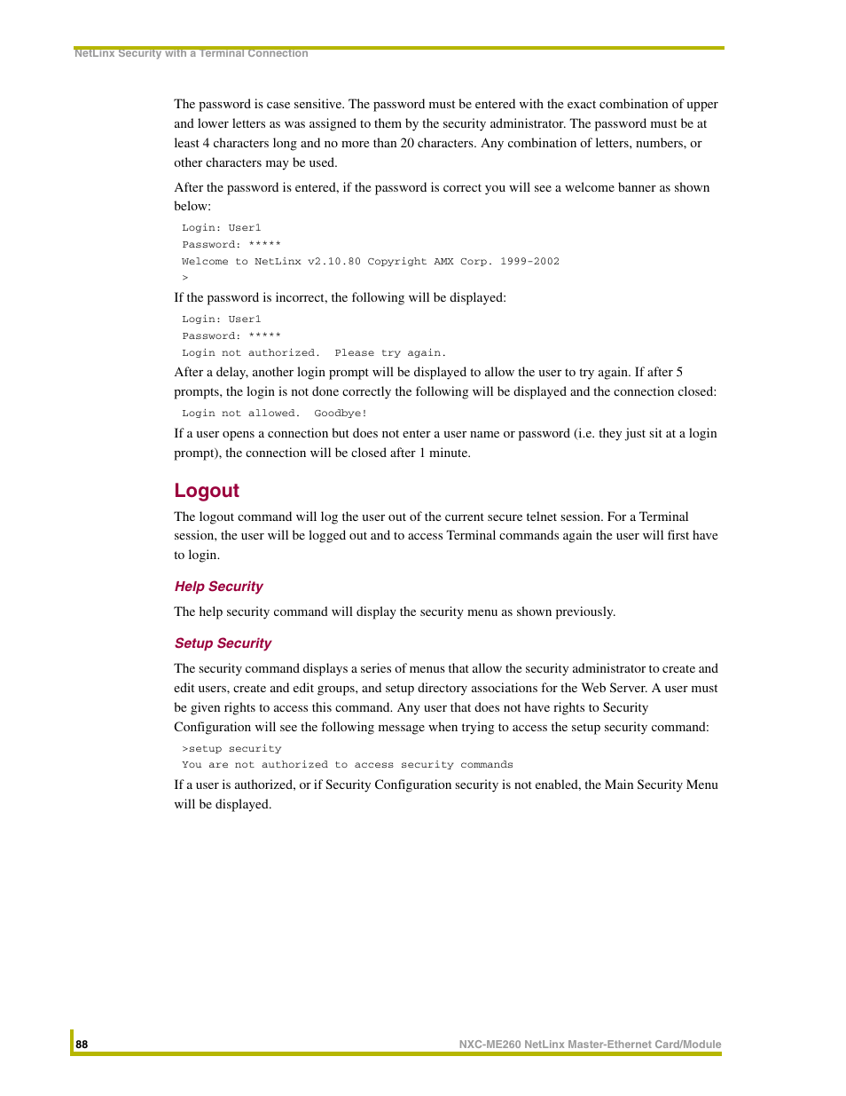 Logout, Help security, Setup security | AMX NetLinx Master-Ethernet Card/Module NXC-ME260 User Manual | Page 94 / 106