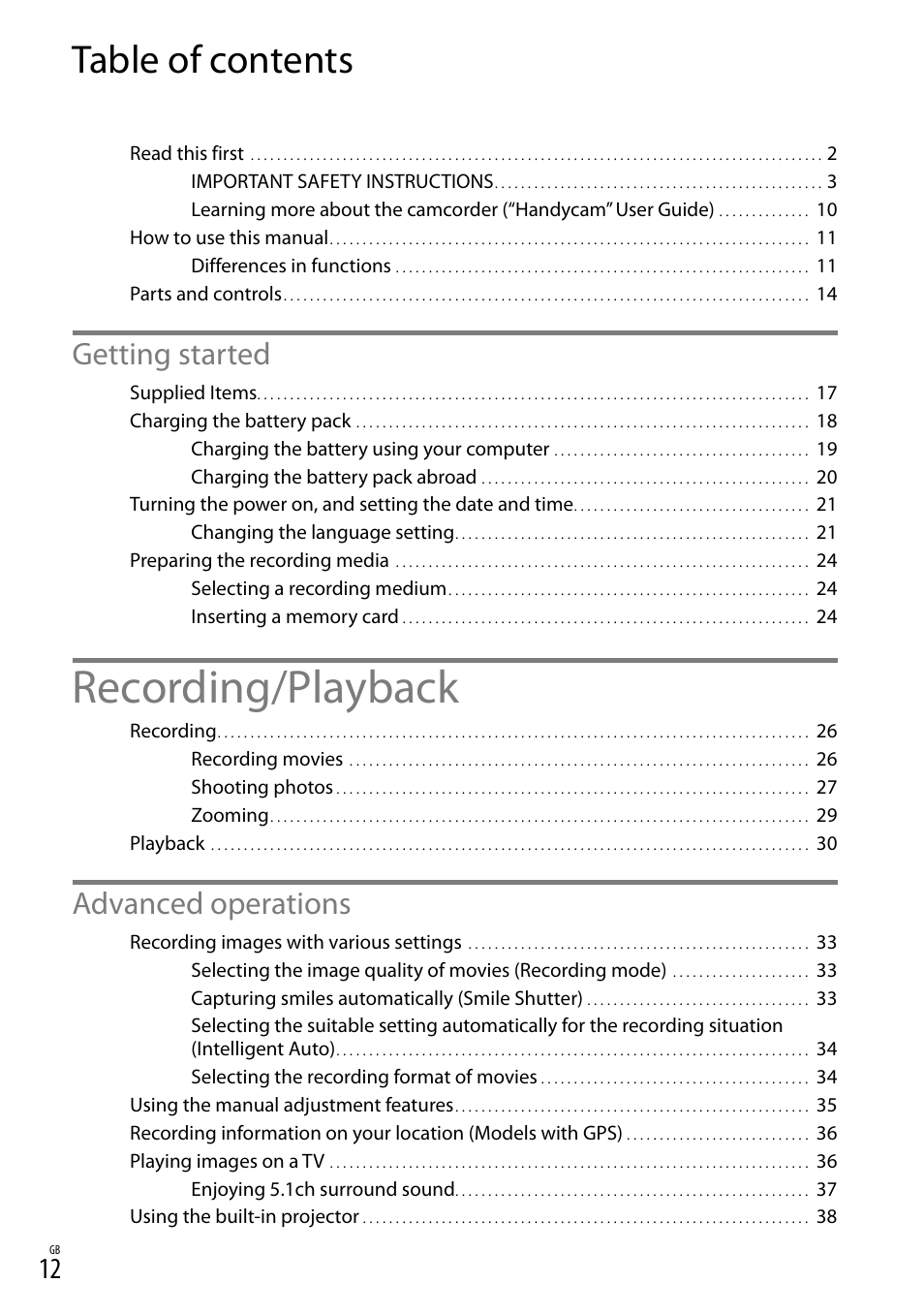 Sony HDR-PJ650V User Manual | Page 12 / 76