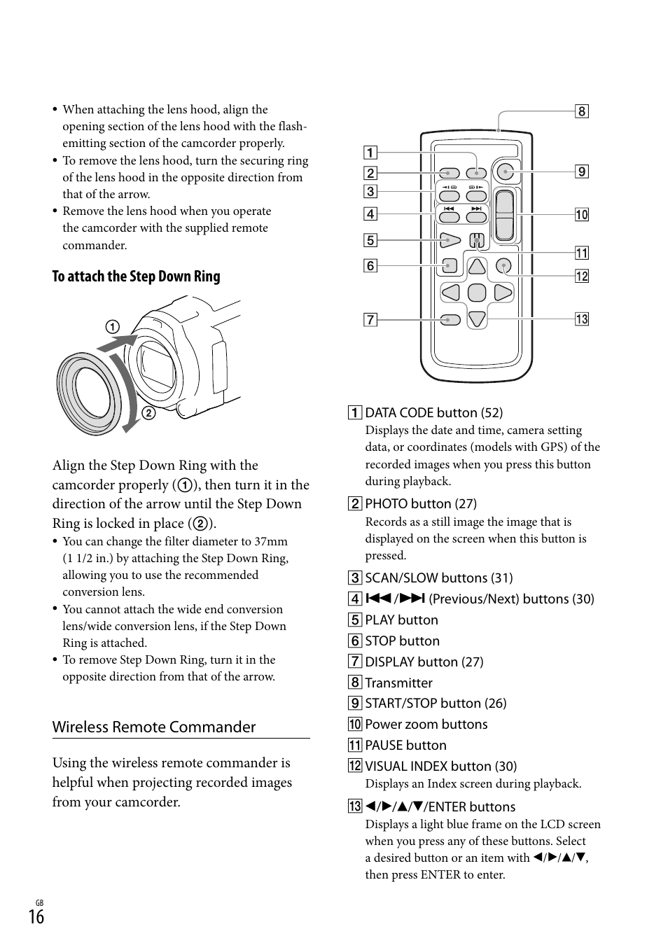 Wireless remote commander | Sony HDR-PJ650V User Manual | Page 16 / 76