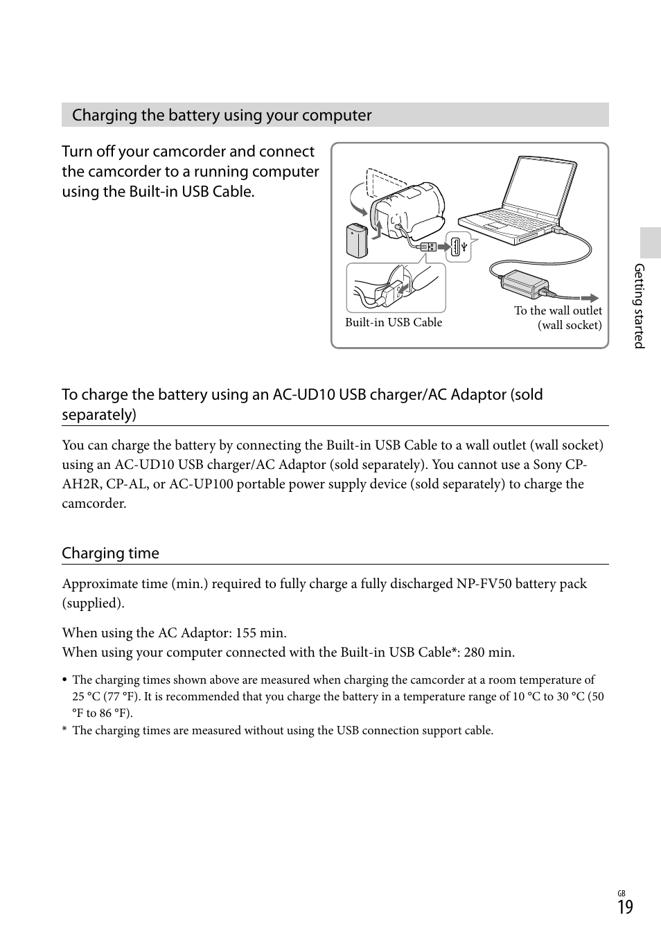 Charging the battery using your computer, Able (19) | Sony HDR-PJ650V User Manual | Page 19 / 76